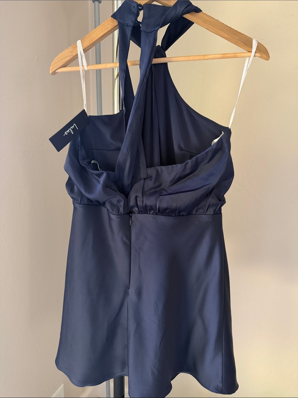 NWT Lulus Sleek Essence Navy Blue Satin Halter Mini Dress Size M - Picture 7 of 7